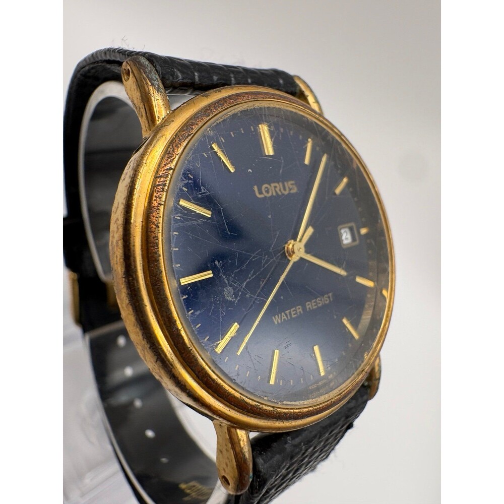 Lorus Men's Watch Blue Dial Date Gold-Tone Case Black Leather Strap VX32-X193